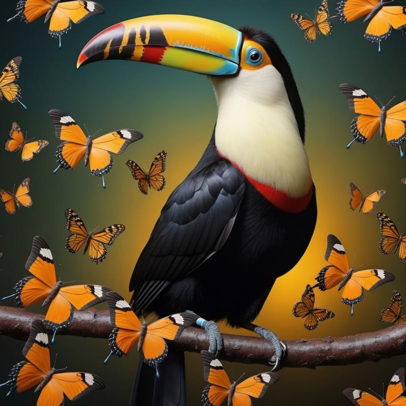 06762-juggernautXL_version6Rundiffusion-Rembrandt Surrealism toucan with a swarm of butterflies.jpg